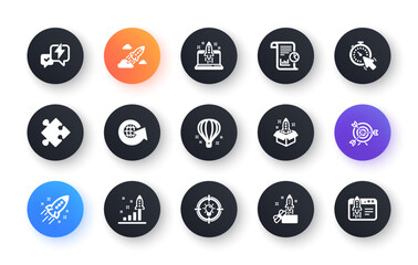 Poster - startup icons. launch project, business report and target. strategy classic icon set. circle web but