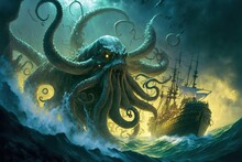 A Giant Octopus Kraken Monster Attacking A Pirate Ship In The Dark Ocean, Generative Ai