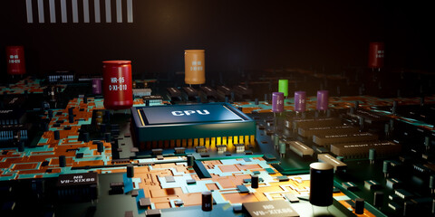 Close-up CPU, circuits, transistors and semiconductor on the computer motherboard. Integrated circuits, resistors, inductor, relays and random access memory around the main processor. 3D illustration