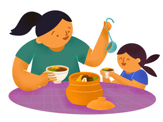 Filipino mother and daughter sharing bulalo in palayok