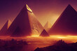 Pyramids of Egypt. Epic fantasy. Ancient ruins concept art. River flowing. Birdseye view.