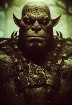 Angry looking orc troll mythological monster portrait. Horns and armor. Glowing eyes.