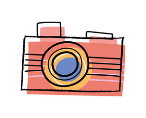 Fototapete - Doodle camera icon. Graphic element for website. Photography gadget and devices, paparazzi inventory, memory. Creativity and art. Inventory for tourism and travel. Cartoon flat vector illustration