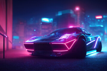 Wall Mural - Cyberpunk Futuristic retro wave synth wave car, Retro sports car with neon backlight contours, generative ai