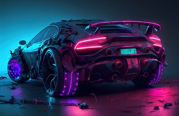 Wall Mural - Cyberpunk Futuristic retro wave synth wave car, Retro sports car with neon backlight contours, generative ai