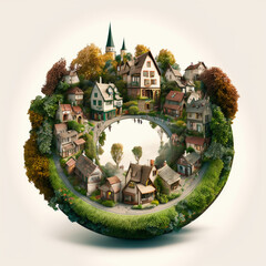 Circular miniature world, colorful fantasy illustration, digital art