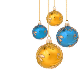 Wall Mural - Composition of hanging blue and yellow christmas ornaments in the colors of Ukrainian national flag isolated on transparent background