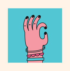 Wall Mural - doodle okay in blue square. fingers show gesture of approval and recognition. poster or banner for w