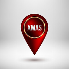 Poster - Red Merry Christmas, XMAS map pointer badge, gps button with metal gold ring realistic shadow and light background for design concepts, banners, apps, prints, web. Vector illustration.