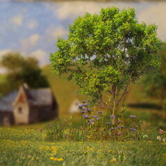 Wall Mural - summer countryside trees and flowers in the meadow field , old cabin  on the horizon, nature landscape impressionism art style