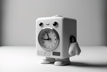 White Backdrop With A Contemporary White Washing Machine Figure Mascot Holding An Alarm Clock. Generative AI