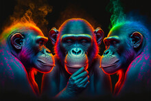 Three Monkeys Thought In Multi-colored Flames. Abstract Multicolored Profile Portrait Of A Group Of Monkeys On A Black Background.