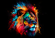 Lion, the head of a lion in a multi-colored flame. Abstract multicolored profile portrait of a lion head on a black background.