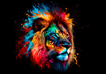 lion, the head of a lion in a multi-colored flame. abstract multicolored profile portrait of a lion 