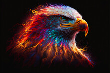 Eagle In A Colorful Flame. Abstract Multicolored Profile Portrait Of An Eagle On A Black Background.