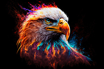 Eagle in a colorful flame. Abstract multicolored profile portrait of an Eagle on a black background.