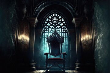 Majestic throne in the castle of darkness. AI