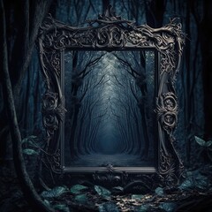 Mystical gothic mirror, dark gloomy background with fantasy mirror, reflection of darkness, dark forest. AI