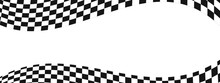 Waving Race Flags Background. Warped Black And White Squares Pattern With Copyspace. Motocross, Rally, Sport Car Competition Wallpaper. Checkered Winding Texture