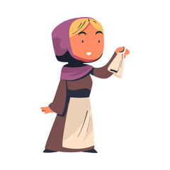 Poster - Young Female Peasant from Middle Ages Wearing Long Dress with Apron Vector Illustration