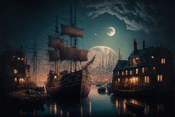 A ship with sails moored in the night port under the moon. Illustration of a far-faring sea ship, for the transport of goods, a stop in the night port of the old city. Ai generative illustration