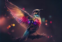  A Colorful Bird With Its Wings Spread Out On A Branch With Lights In The Background And A Blurry Background. Generative AI