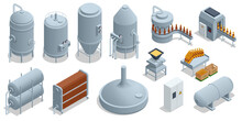 Isometric Brewing, Craft Beer Brewing Equipment In Privat Brewery. Modern Beer Factory. Steel Tanks For Beer Fermentation And Maturation.
