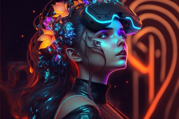 Virtual reality glasses on a beautiful girl. Concept of augmented and virtual reality - AR and VR. Cyberpunk girl, metaverse online. 3D realistic illustration. Generative ai