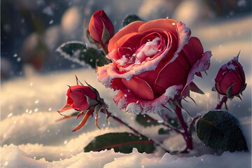 Canvas Print -  a red rose with snow on it is in the snow with snow flakes on it and a green stem. Generative AI