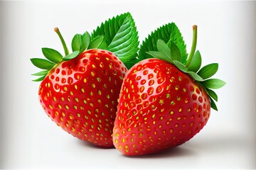  two strawberries with green leaves on a white background with a shadow of the two strawberrys on the left. Generative AI