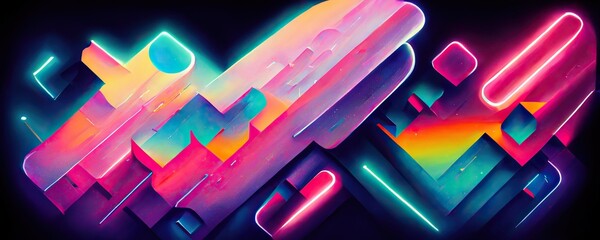 Wall Mural - abstract geometric futuristic technology neon synthwave background banner (generative ai art)