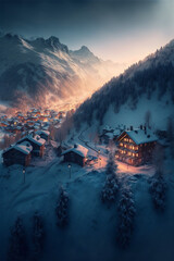 Wall Mural - Swiss Alps village with Christmas lights at winter sunrise with mountains at the background from the above. AI generated