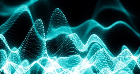 Poster - Abstract background of blue futuristic glowing waves from particles of points and lines of energy and magic on a black background