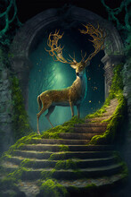 Legendary Deer With Metallic Antlers Standing On A Stairway, Fantasy Painting, Phone Screensaver