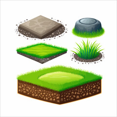 Canvas Print - Land pieces with green grass. Flat cartoon illustration isolated on white background