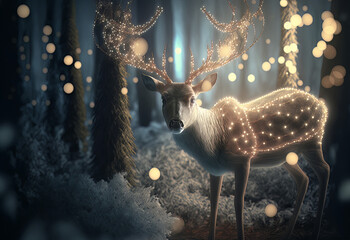 Poster - A magic festive reindeer covered in glowing lights in a winter scene. Generative Ai