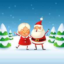 Mrs Claus And Santa Claus Celebrate Christmas Holidays - Cute And Happy Vector Illustration On Winter Landscape