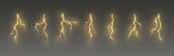 Wall Mural - Thunderstorm lightning, thunderbolt strike, realistic electric zipper, energy flash light effect, yellow lightning bolt isolated on dark background. Vector illustration.