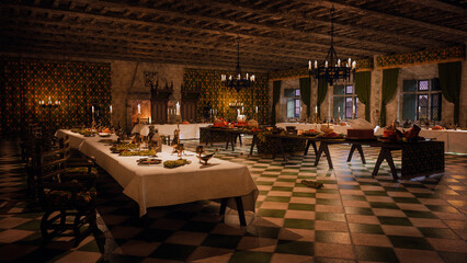 Poster - Medieval banquet hall with the remains of a feast on the wooden tables. 3D illustration.