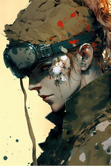  Portrait of a  soldier woman in green suit with weapon, glitch art color splash, digital illustration   