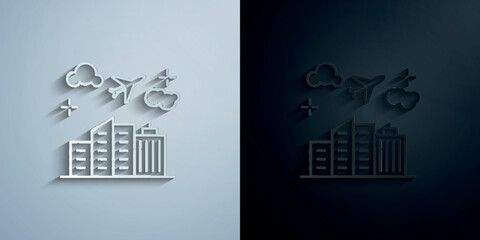 Poster - Airplane, buildings, flight paper icon with shadow vector illustration