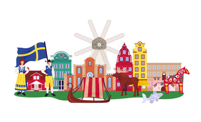 Stockholm Sweden cartoon travel vector illustration. Buildings, landmarks and symbols. Gamla stan old city, souvenirs, flag and swede.