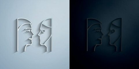 Poster - Human and robot talking concept line paper icon with shadow vector illustration