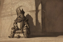 Dwarf King Sits On A Throne In A Mountain Hall. Fantasy Dwarven Lord Portrait, Created With Generative AI Technology.