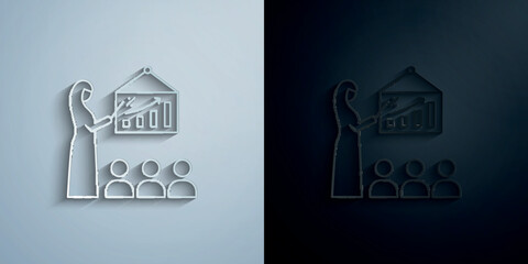 Poster - Strategy, muslim businesswoman paper icon with shadow vector illustration