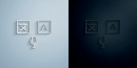 Poster - Languages, microphone, translator paper icon with shadow vector illustration
