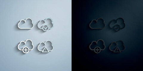 Sticker - Cloud, exclamatory, check, plus sign paper icon with shadow vector illustration