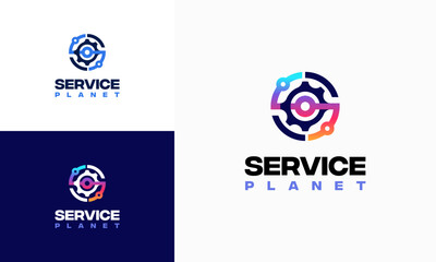 Wall Mural - Service Planet logo designs concept vector, Planet and Gear Mechanic logo template