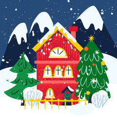 Sticker - Night Winter House. Vector Illustration of Greeting Card Landscape.