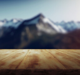 Sticker - Horizontal shot of a wooden table for product placement and product advertisement with mountain background Generative AI